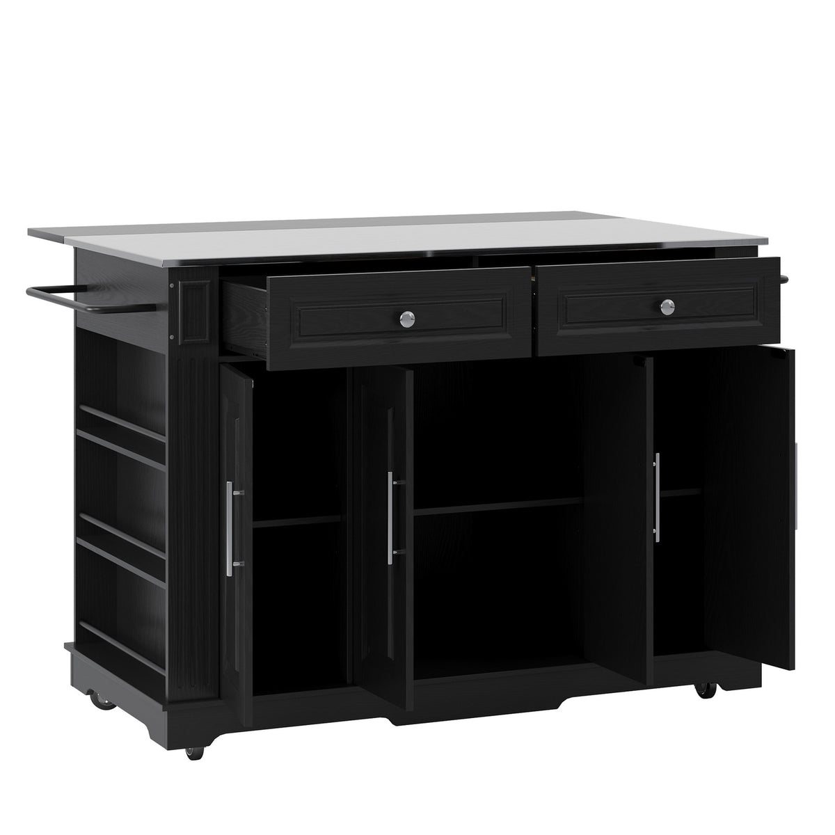 Deluxe Living 60" Rolling Kitchen Island with Drop Leaf, Stainless Steel Top, Mobile Cart with Storage, Power Outlets, Drawers & Open Shelves, Black