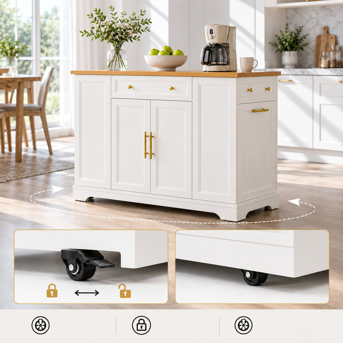 Deluxe Living 53" Rolling Kitchen Island with Trash Can Storage & 3 Drawers, Portable Kitchen Cart on Wheels for 10 Gallon Garbage Bin, White