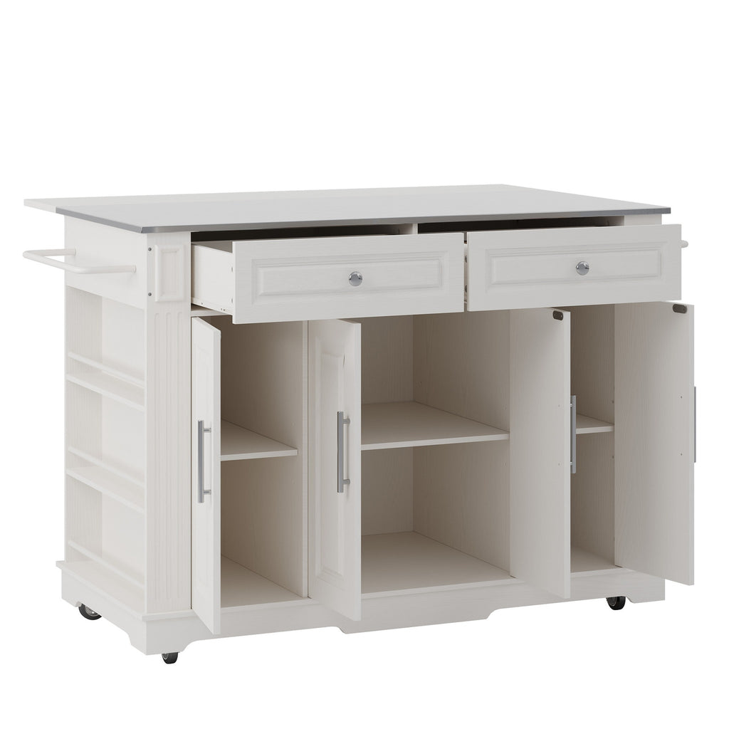 Deluxe Living 60" Rolling Kitchen Island with Drop Leaf, Stainless Steel Top, Mobile Cart with Storage, Power Outlets, Drawers & Open Shelves, White
