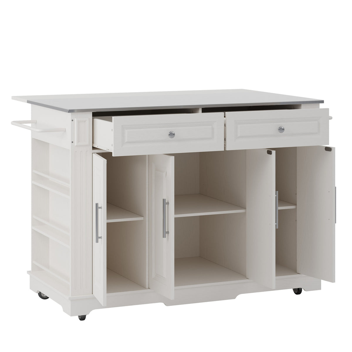 Deluxe Living 60" Rolling Kitchen Island with Drop Leaf, Stainless Steel Top, Mobile Cart with Storage, Power Outlets, Drawers & Open Shelves, White