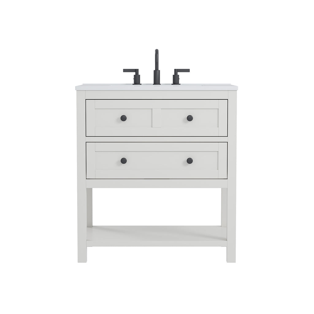 Deluxe Living 30 Inch Bathroom Vanity with Sink,Modern Bathroom Sink Cabinet with Adjustable Feets, Drawers & Open Storage Shelf,White