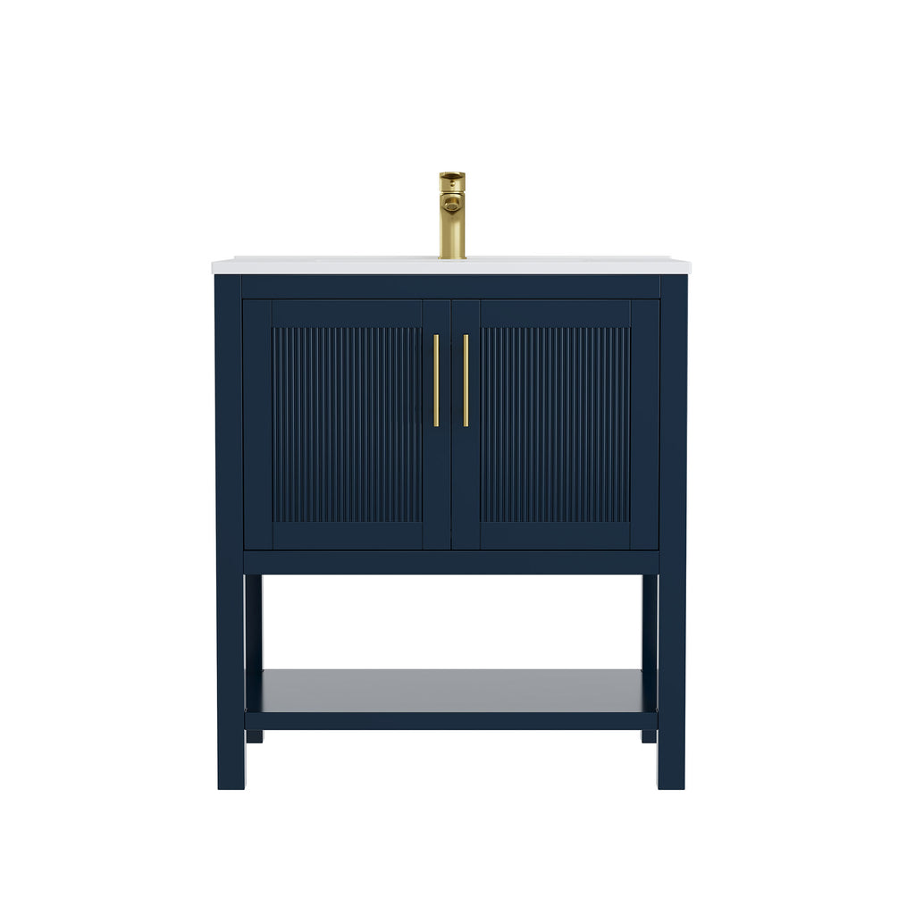 Deluxe Living 30 Inch Bathroom Vanity with Sink, Soft-Closing Doors & Open Storage Shelf, Integral SMC Sink, Adjustable Feet, Navy Blue