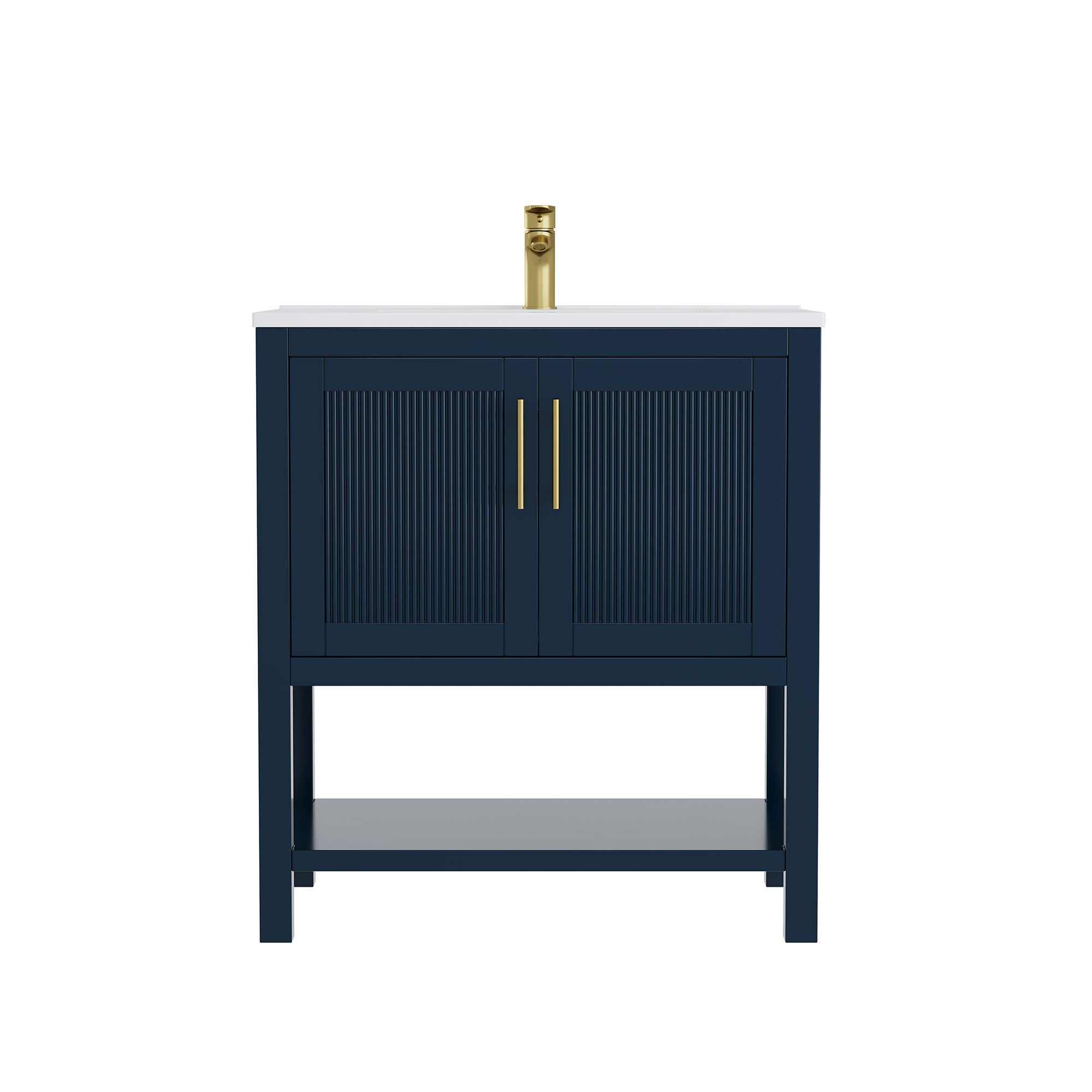 Deluxe Living 30 Inch Bathroom Vanity with Sink, Soft-Closing Doors & Open Storage Shelf, Integral SMC Sink, Adjustable Feet, Navy Blue