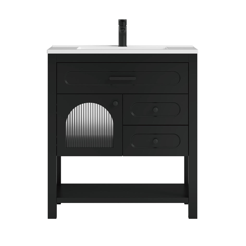Deluxe Living 30 Inch Black Bathroom Vanity with Sink,Soft-Closing Glass Door & Soft-Closing Drawers, SMC Sink, Adjustable Feet, Black
