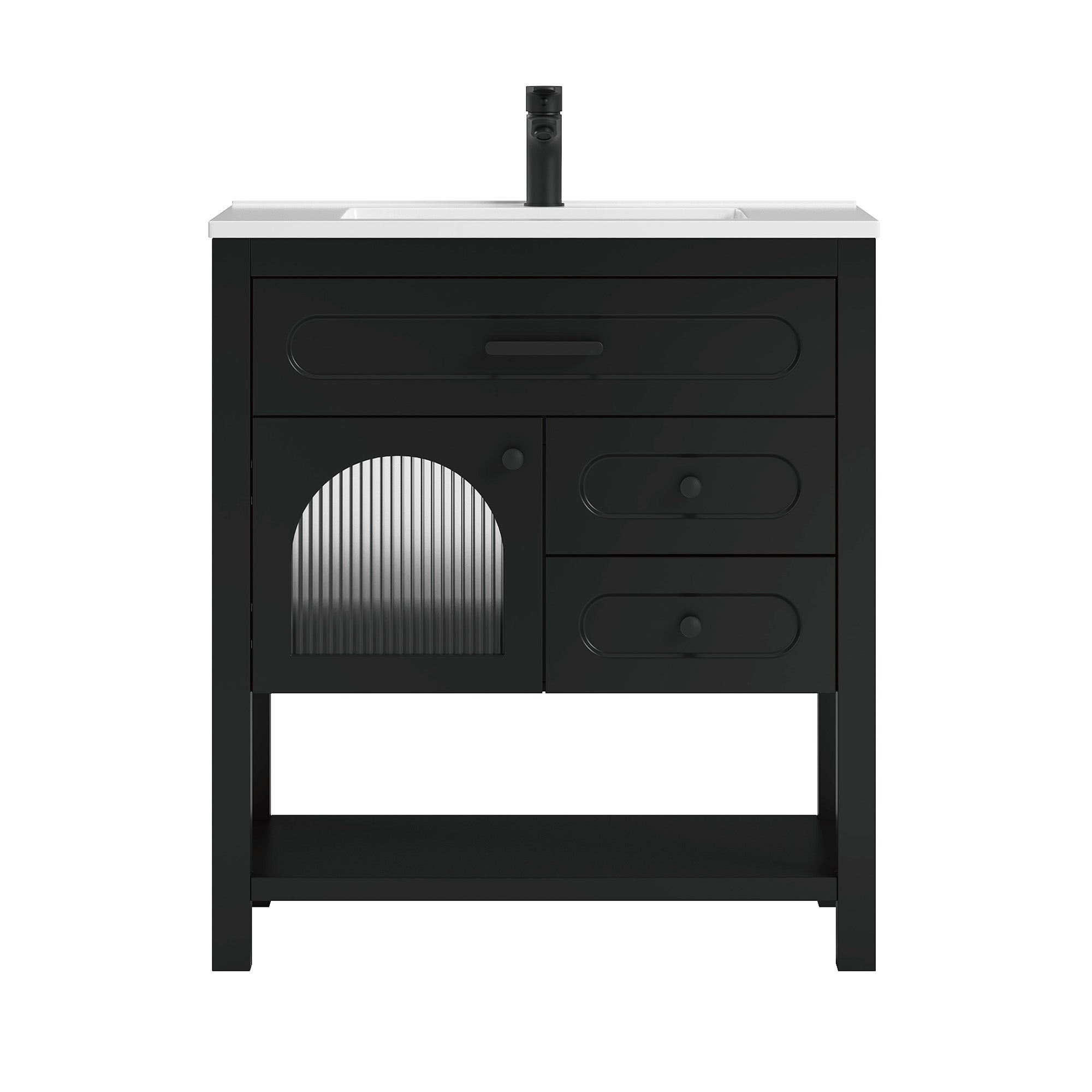 Deluxe Living 30 Inch Black Bathroom Vanity with Sink,Soft-Closing Glass Door & Soft-Closing Drawers, SMC Sink, Adjustable Feet, Black