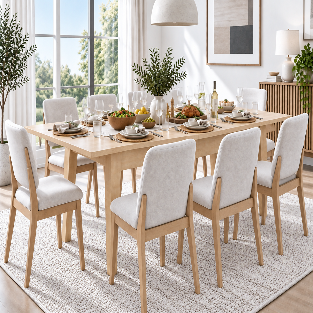 Deluxe Living 63"-83" Extendable Farmhouse Dining Table for 6-8 People, Expandable Kitchen Table with Sturdy Wooden Top & Legs for Dining Room, Oak