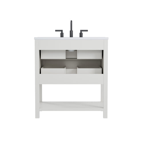 Deluxe Living 30 Inch Bathroom Vanity with Sink,Modern Bathroom Sink Cabinet with Adjustable Feets, Drawers & Open Storage Shelf,White