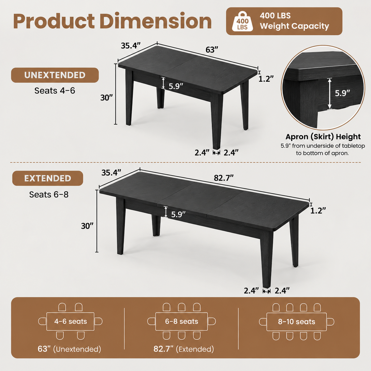 Deluxe Living 63"-83" Extendable Farmhouse Dining Table for 6-8 People, Expandable Kitchen Table with Sturdy Wooden Top & Legs for Dining Room, Black
