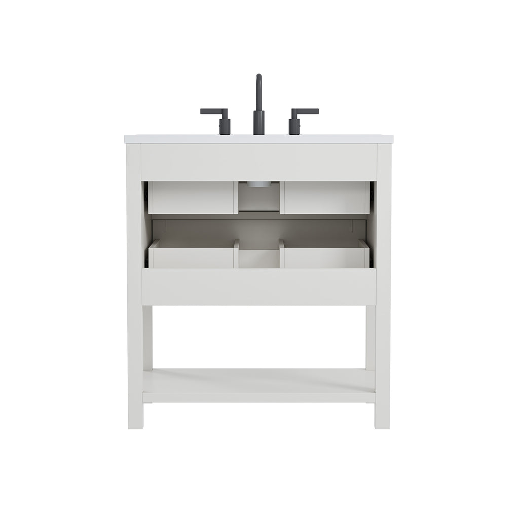 Deluxe Living 30 Inch Bathroom Vanity with Sink,Modern Bathroom Sink Cabinet with Adjustable Feets, Drawers & Open Storage Shelf,White