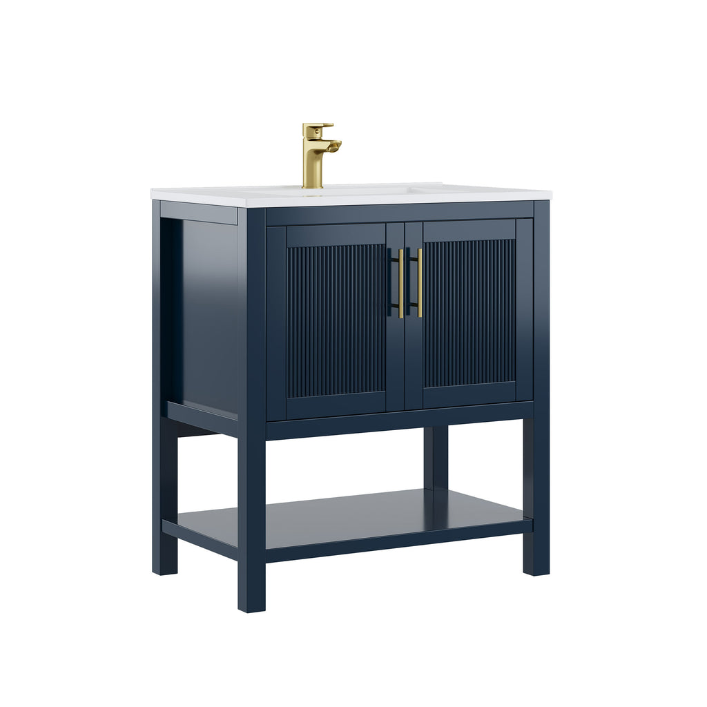 Deluxe Living 30 Inch Bathroom Vanity with Sink, Soft-Closing Doors & Open Storage Shelf, Integral SMC Sink, Adjustable Feet, Navy Blue