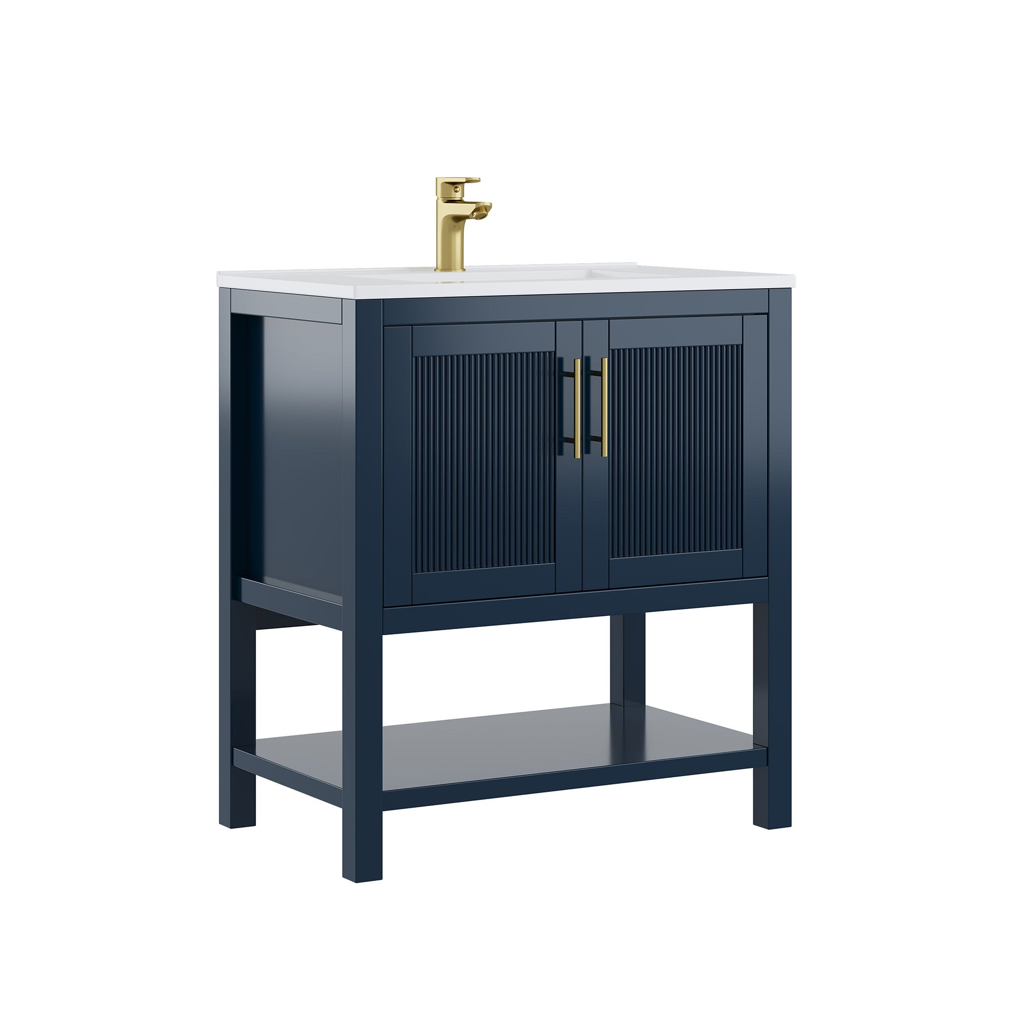 Deluxe Living 30 Inch Bathroom Vanity with Sink, Soft-Closing Doors & Open Storage Shelf, Integral SMC Sink, Adjustable Feet, Navy Blue