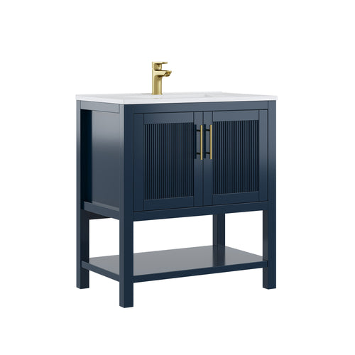 Deluxe Living 30 Inch Bathroom Vanity with Sink, Soft-Closing Doors & Open Storage Shelf, Integral SMC Sink, Adjustable Feet, Navy Blue