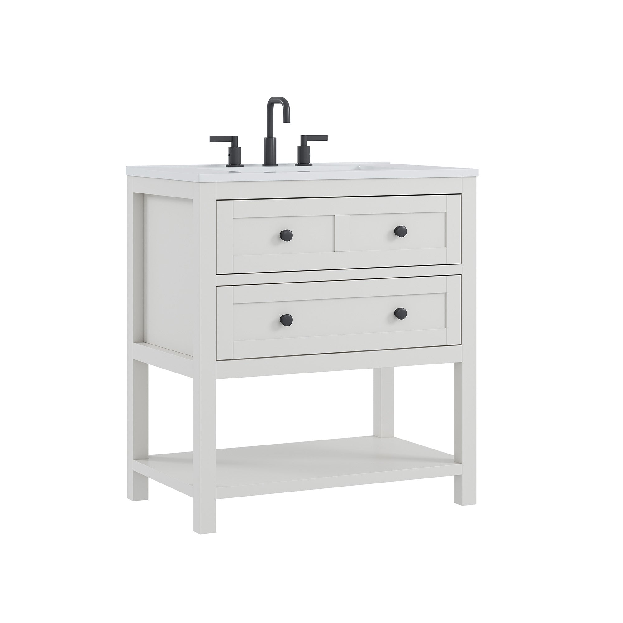 Deluxe Living 30 Inch Bathroom Vanity with Sink,Modern Bathroom Sink Cabinet with Adjustable Feets, Drawers & Open Storage Shelf,White