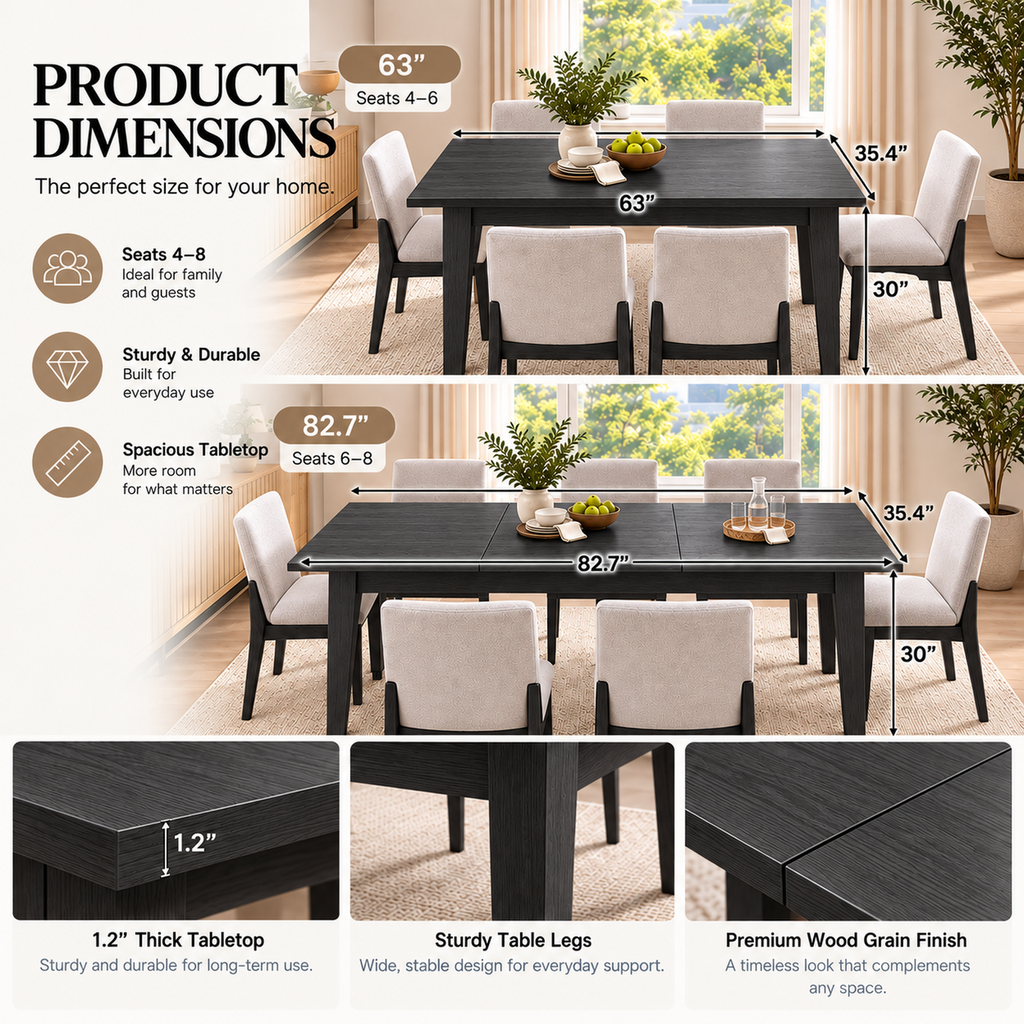 Deluxe Living 63"-83" Extendable Farmhouse Dining Table for 6-8 People, Expandable Kitchen Table with Sturdy Wooden Top & Legs for Dining Room, Black