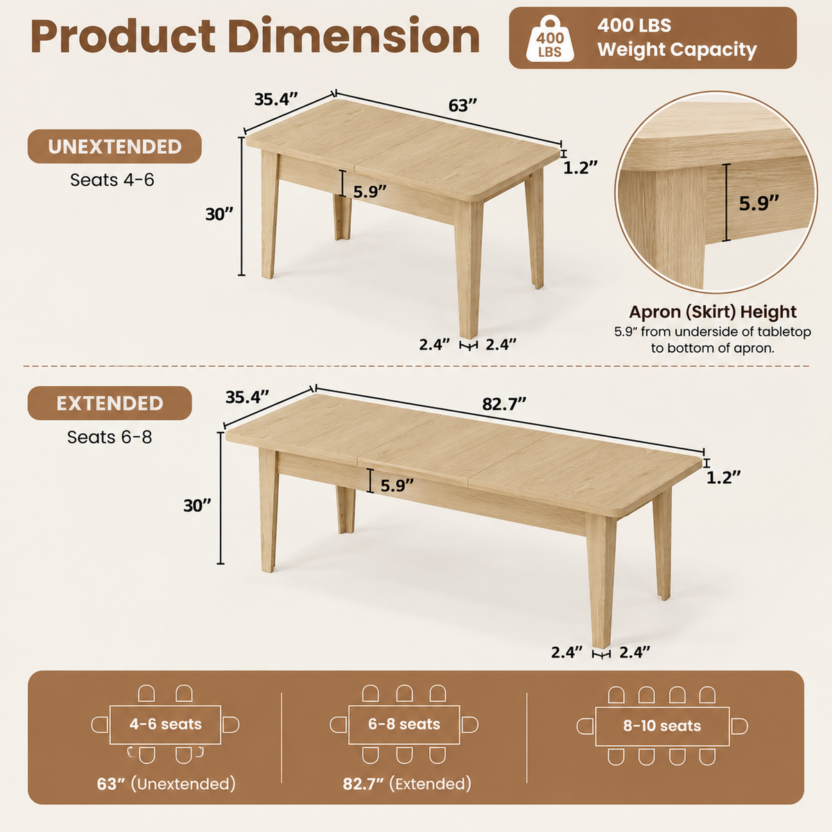 Deluxe Living 63"-83" Extendable Farmhouse Dining Table for 6-8 People, Expandable Kitchen Table with Sturdy Wooden Top & Legs for Dining Room, Oak