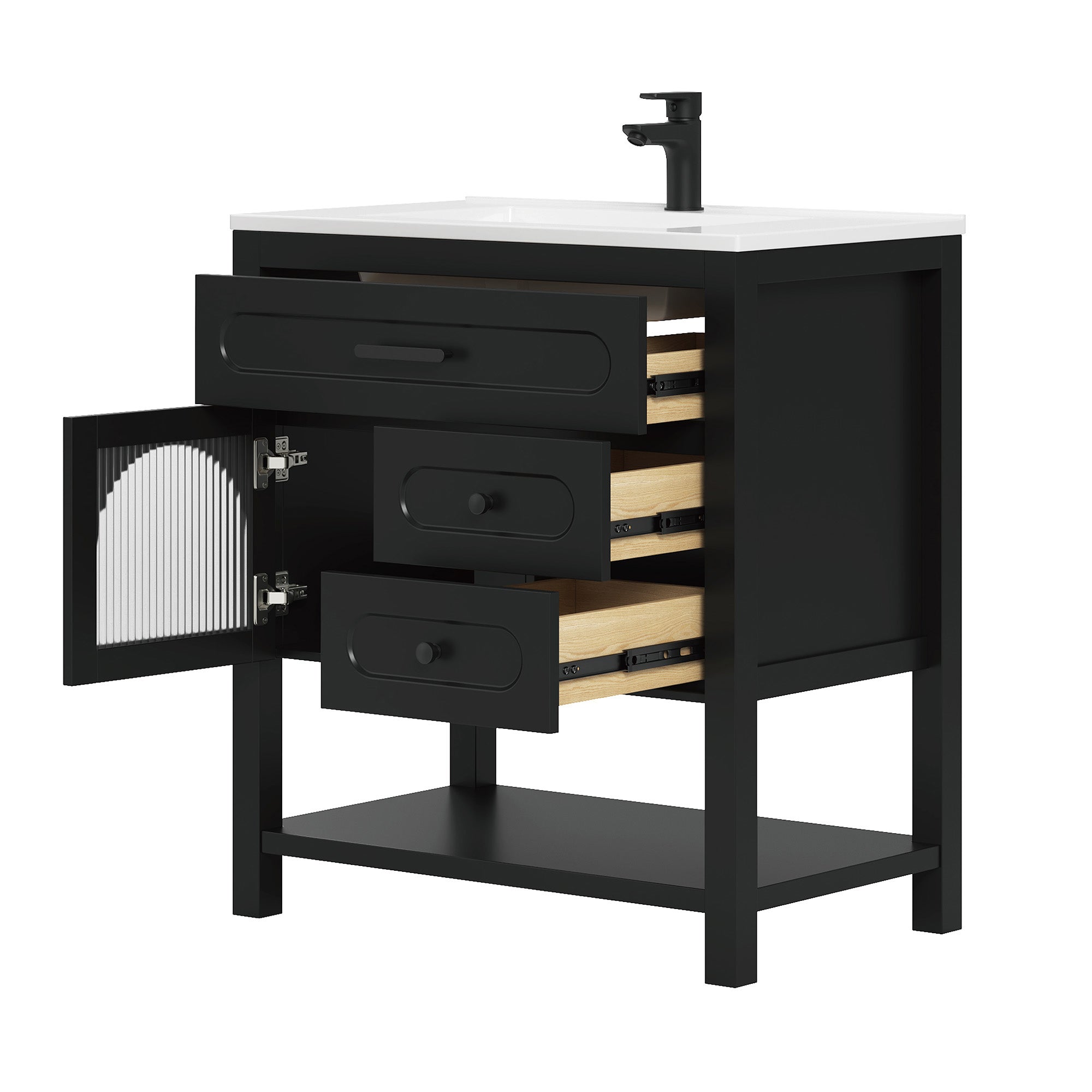 Deluxe Living 30 Inch Black Bathroom Vanity with Sink,Soft-Closing Glass Door & Soft-Closing Drawers, SMC Sink, Adjustable Feet, Black
