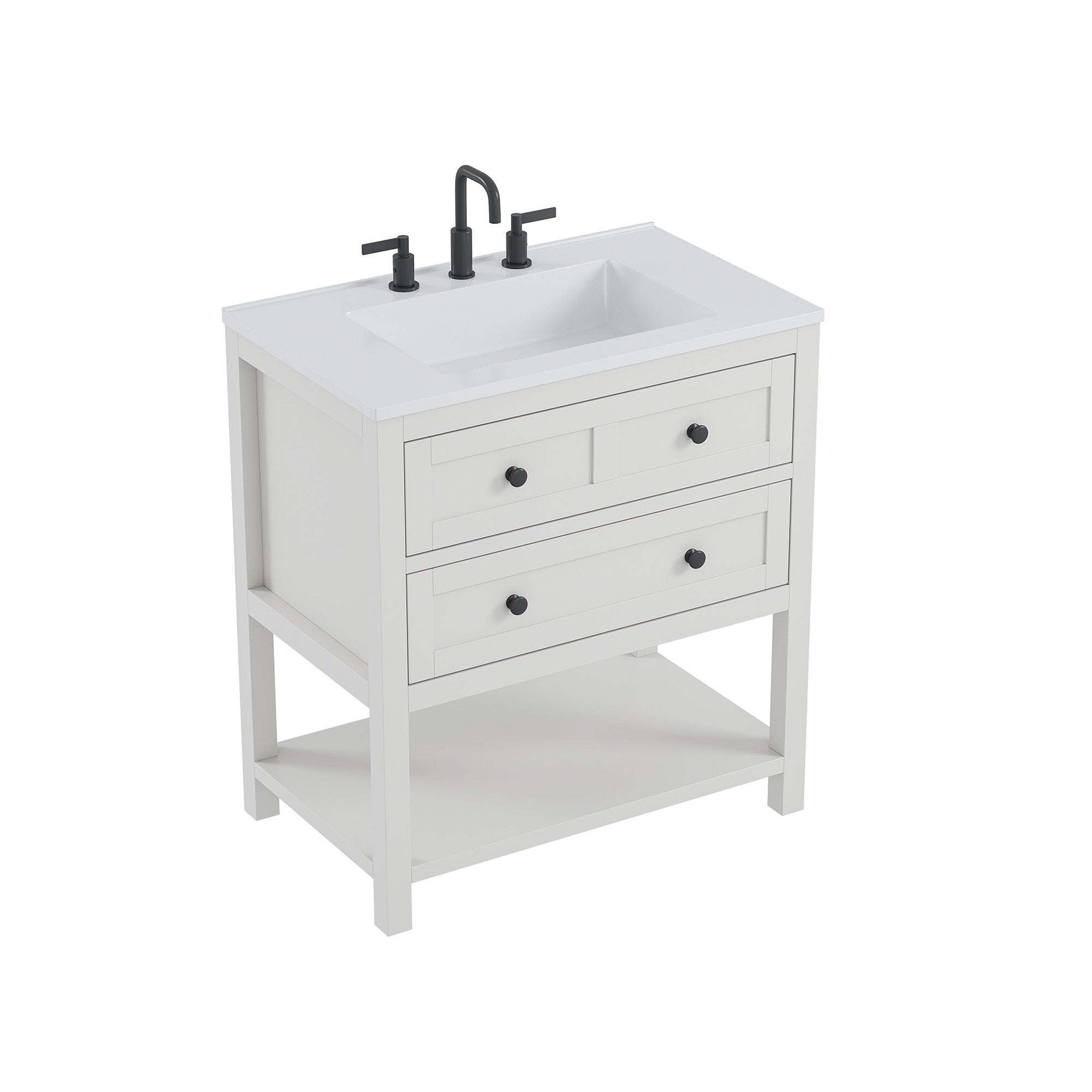 Deluxe Living 30 Inch Bathroom Vanity with Sink,Modern Bathroom Sink Cabinet with Adjustable Feets, Drawers & Open Storage Shelf,White
