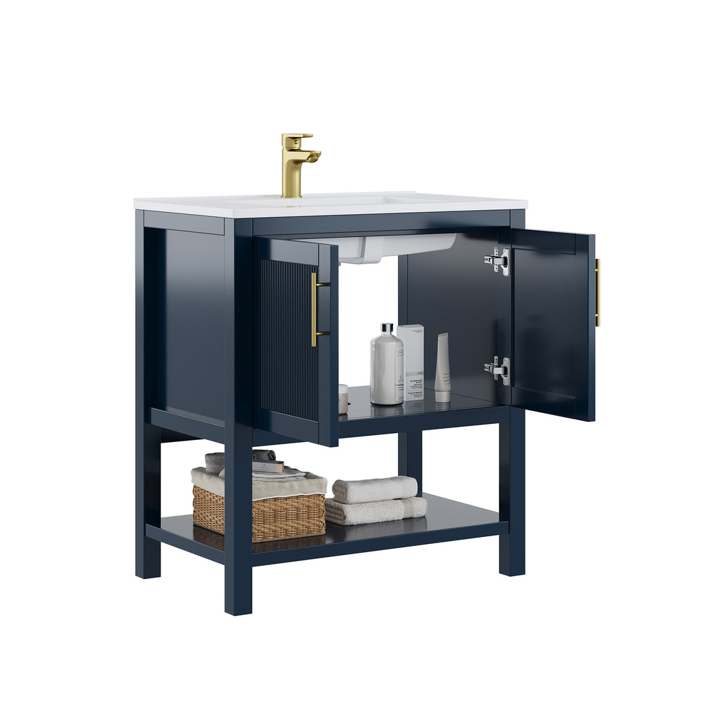 Deluxe Living 30 Inch Bathroom Vanity with Sink, Soft-Closing Doors & Open Storage Shelf, Integral SMC Sink, Adjustable Feet, Navy Blue