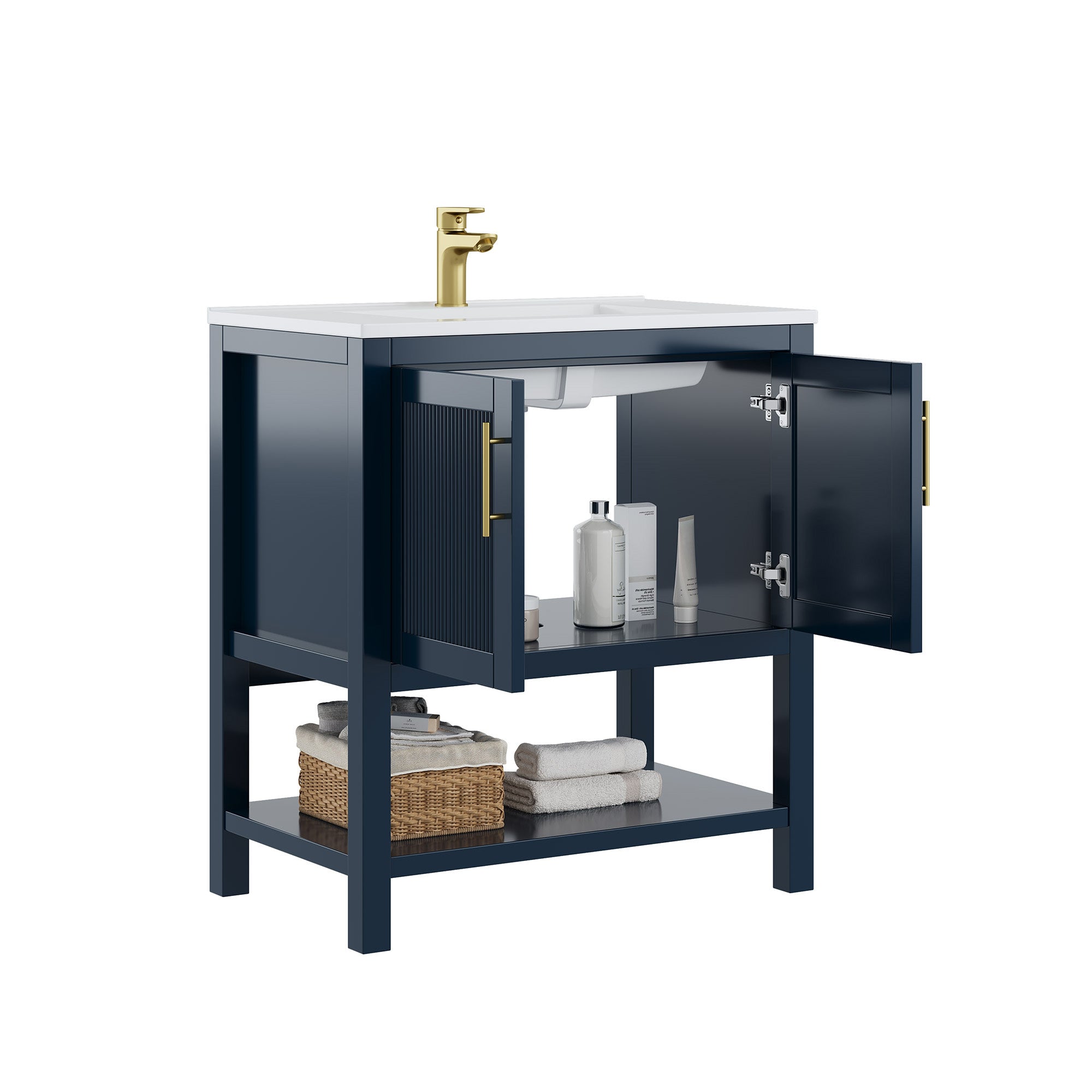 Deluxe Living 30 Inch Bathroom Vanity with Sink, Soft-Closing Doors & Open Storage Shelf, Integral SMC Sink, Adjustable Feet, Navy Blue