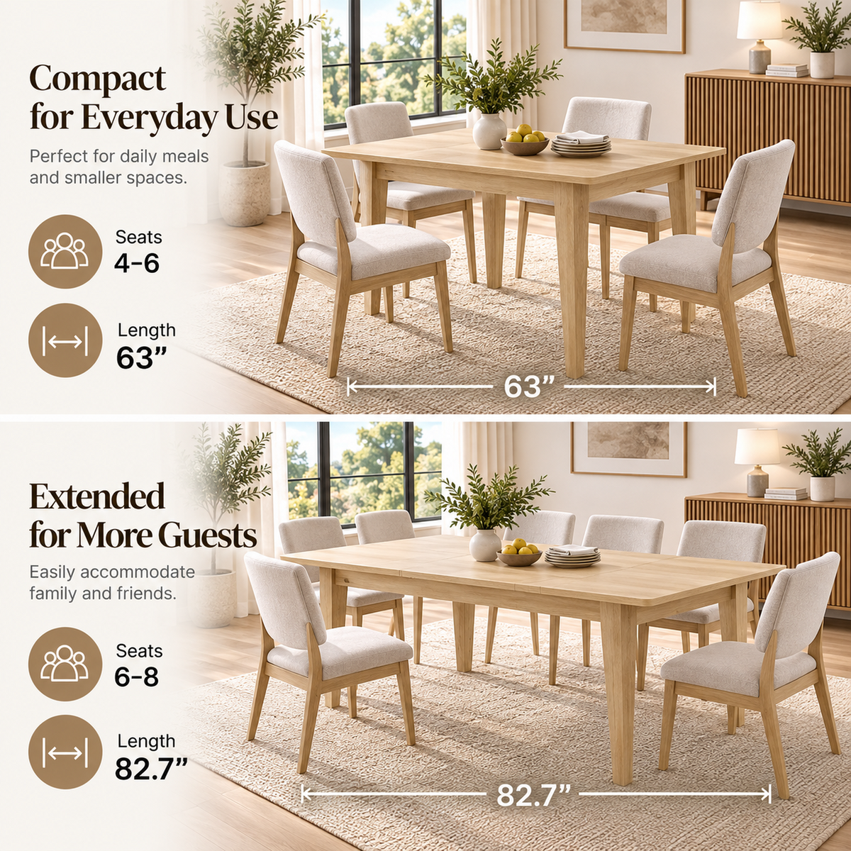 Deluxe Living 63"-83" Extendable Farmhouse Dining Table for 6-8 People, Expandable Kitchen Table with Sturdy Wooden Top & Legs for Dining Room, Oak