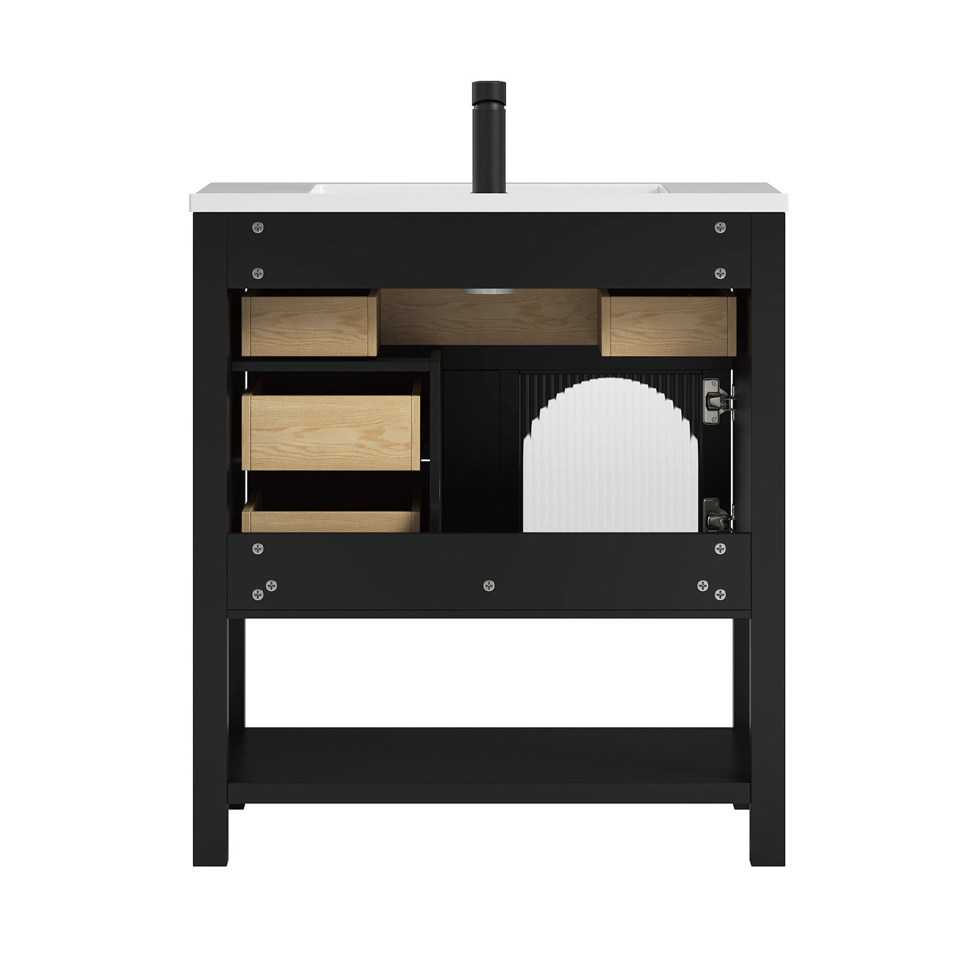 Deluxe Living 30 Inch Black Bathroom Vanity with Sink,Soft-Closing Glass Door & Soft-Closing Drawers, SMC Sink, Adjustable Feet, Black