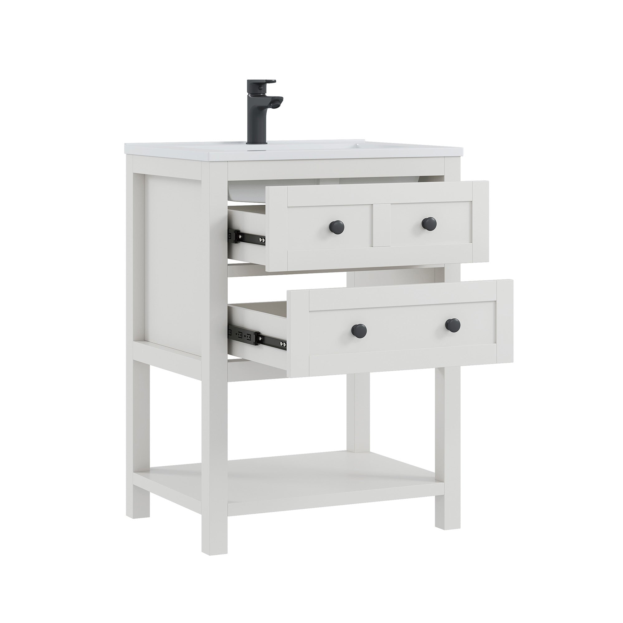 Deluxe Living 24 Inch Bathroom Vanity with Sink,Bathroom Cabinet with SMC Integrated Sink, Drawers & Open Storage Shelf, Easy Assembly,White