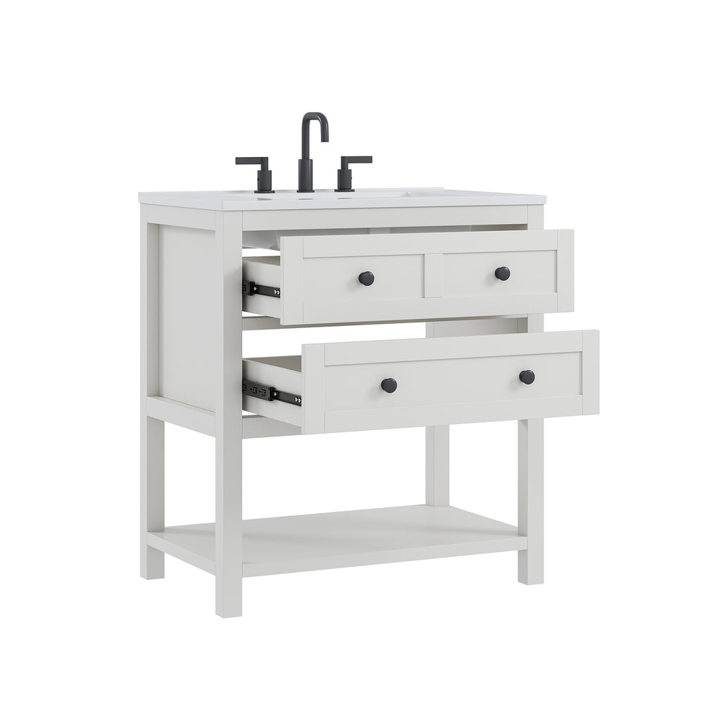 Deluxe Living 30 Inch Bathroom Vanity with Sink,Modern Bathroom Sink Cabinet with Adjustable Feets, Drawers & Open Storage Shelf,White