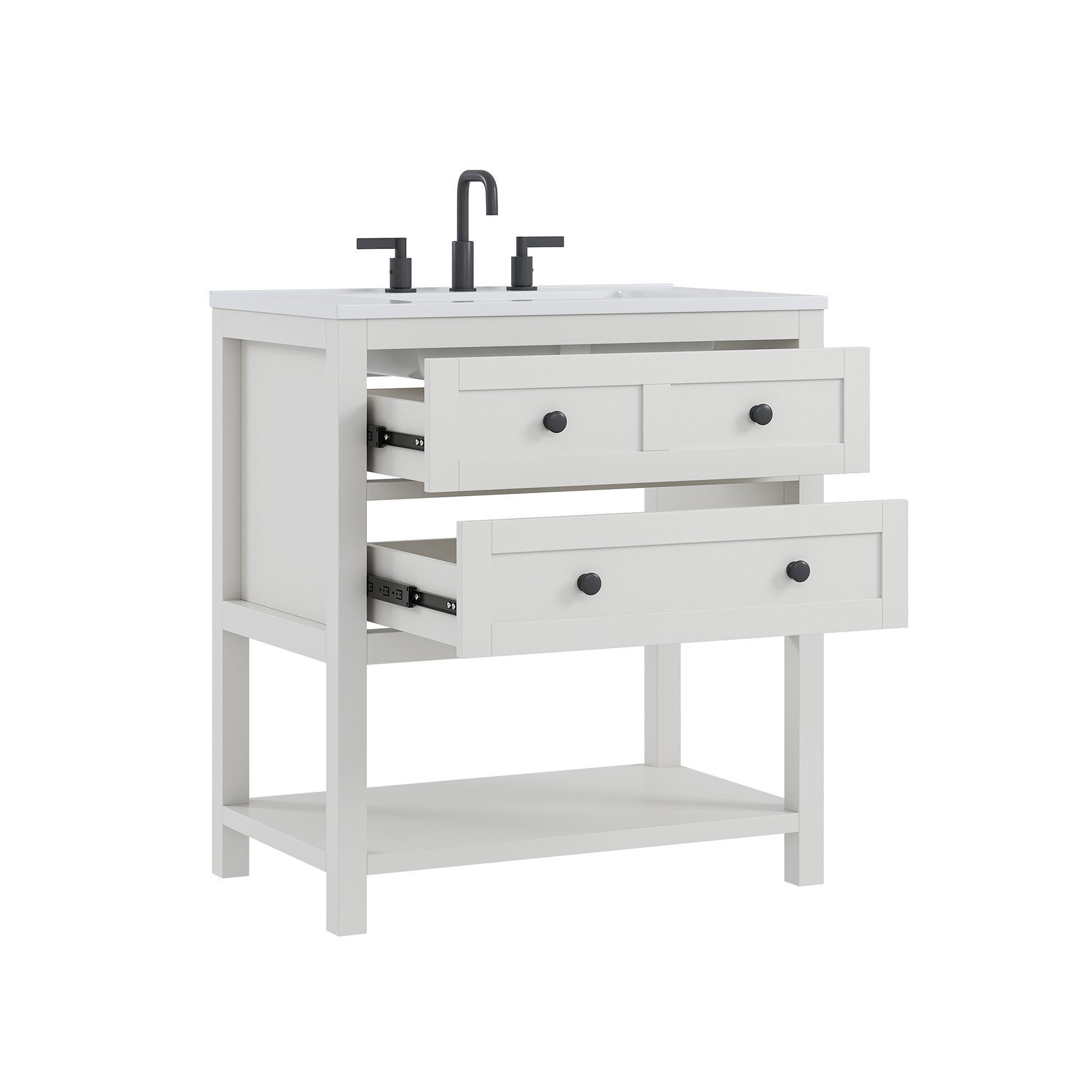 Deluxe Living 30 Inch Bathroom Vanity with Sink,Modern Bathroom Sink Cabinet with Adjustable Feets, Drawers & Open Storage Shelf,White