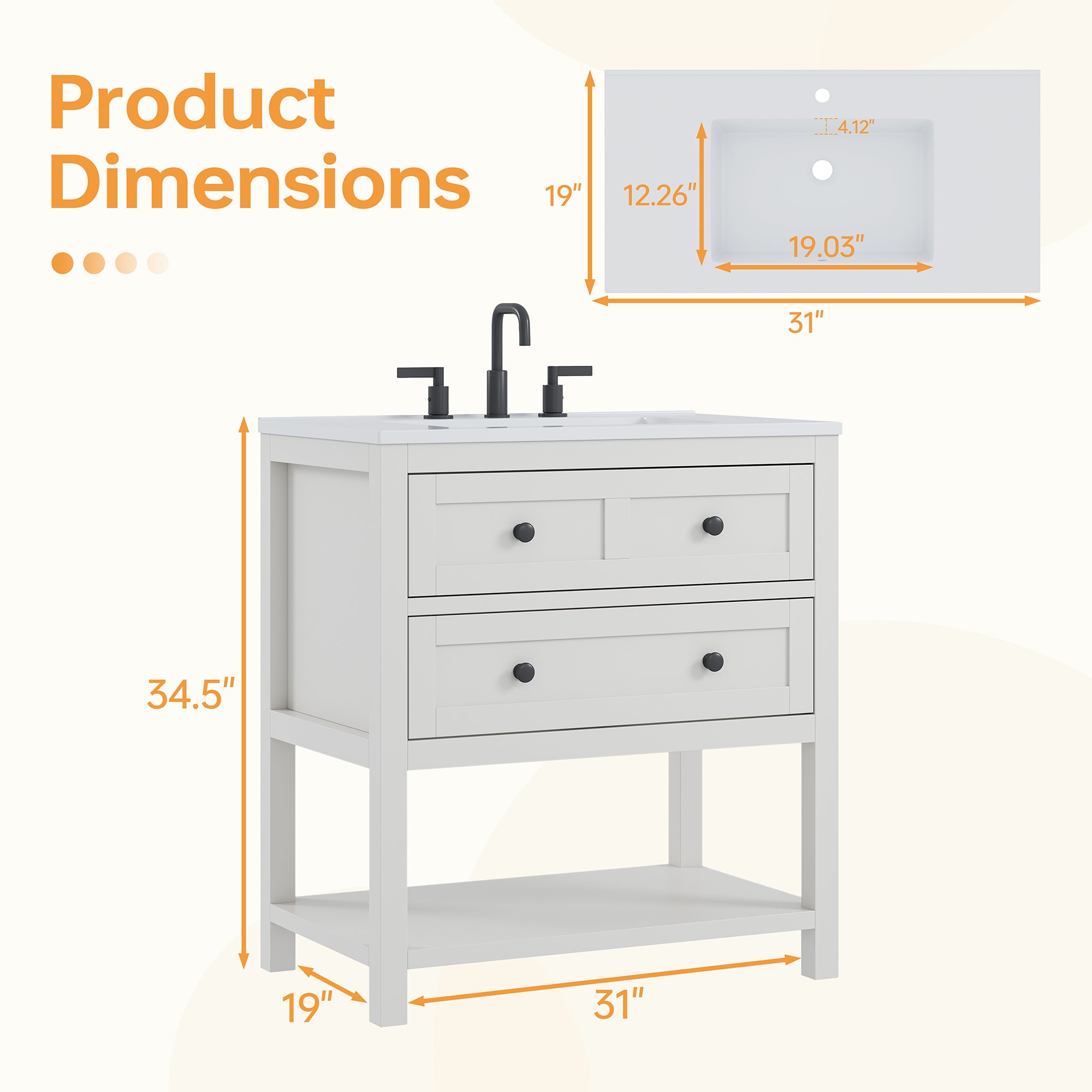 Deluxe Living 30 Inch Bathroom Vanity with Sink,Modern Bathroom Sink Cabinet with Adjustable Feets, Drawers & Open Storage Shelf,White