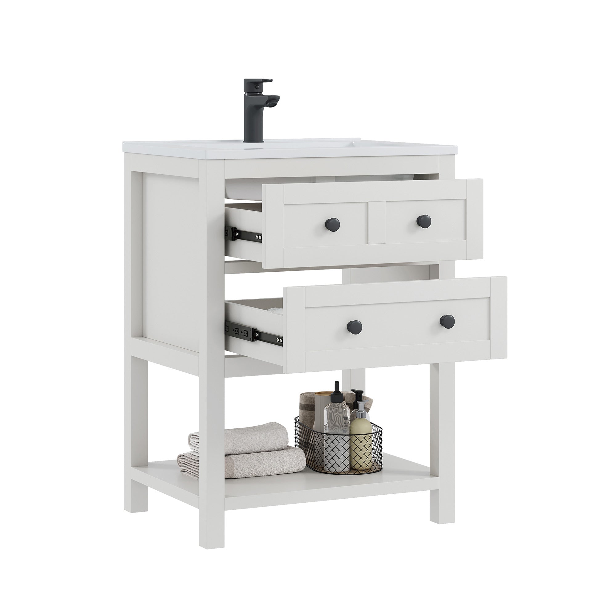 Deluxe Living 24 Inch Bathroom Vanity with Sink,Bathroom Cabinet with SMC Integrated Sink, Drawers & Open Storage Shelf, Easy Assembly,White