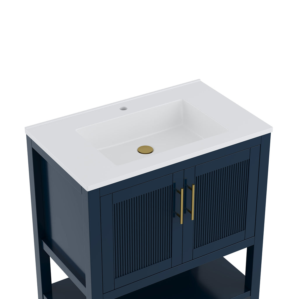 Deluxe Living 30 Inch Bathroom Vanity with Sink, Soft-Closing Doors & Open Storage Shelf, Integral SMC Sink, Adjustable Feet, Navy Blue