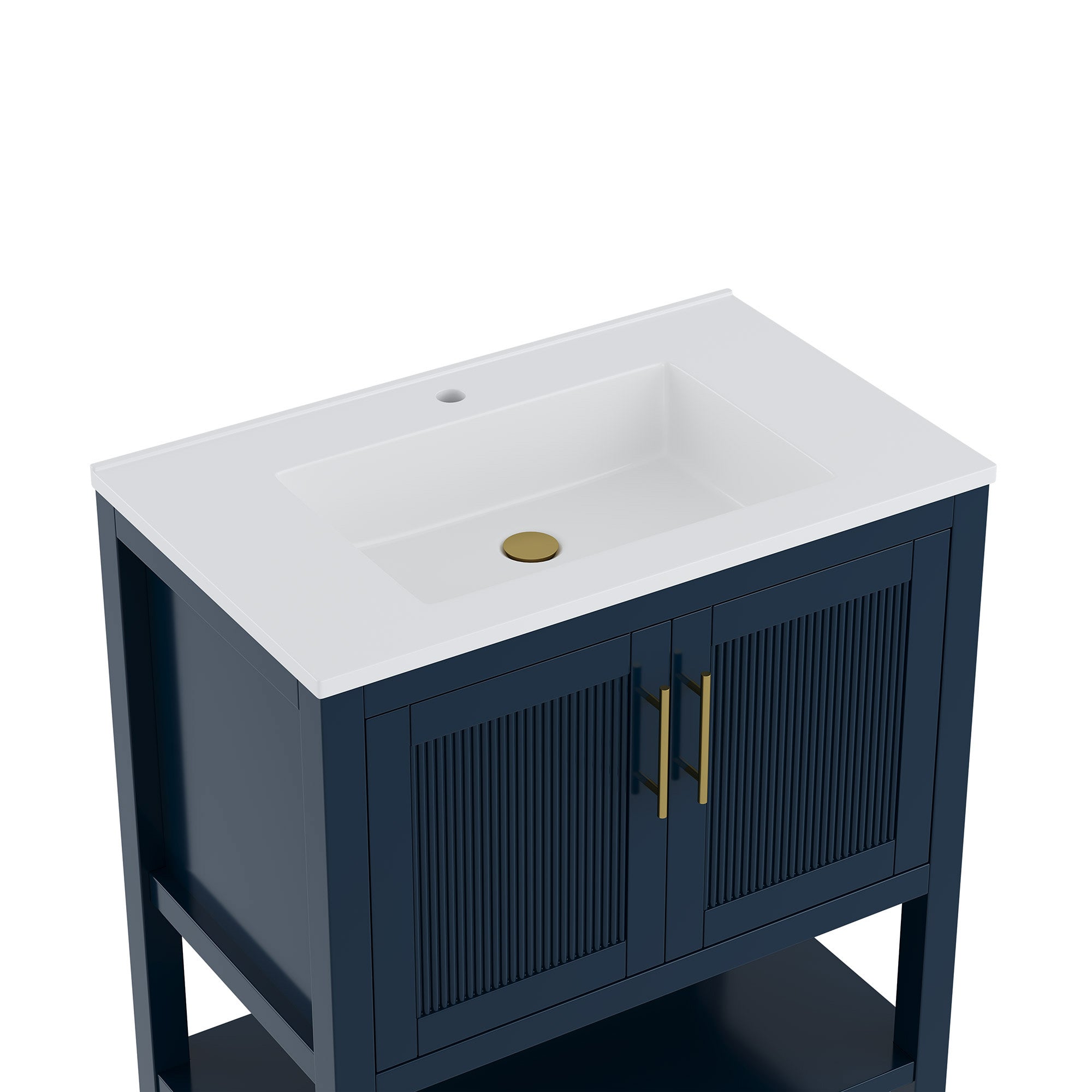 Deluxe Living 30 Inch Bathroom Vanity with Sink, Soft-Closing Doors & Open Storage Shelf, Integral SMC Sink, Adjustable Feet, Navy Blue