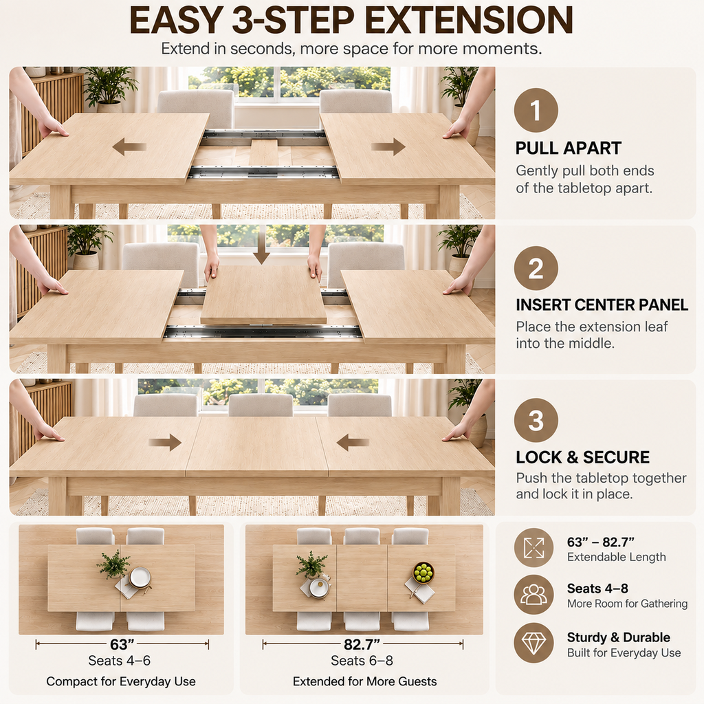 Deluxe Living 63"-83" Extendable Farmhouse Dining Table for 6-8 People, Expandable Kitchen Table with Sturdy Wooden Top & Legs for Dining Room, Oak