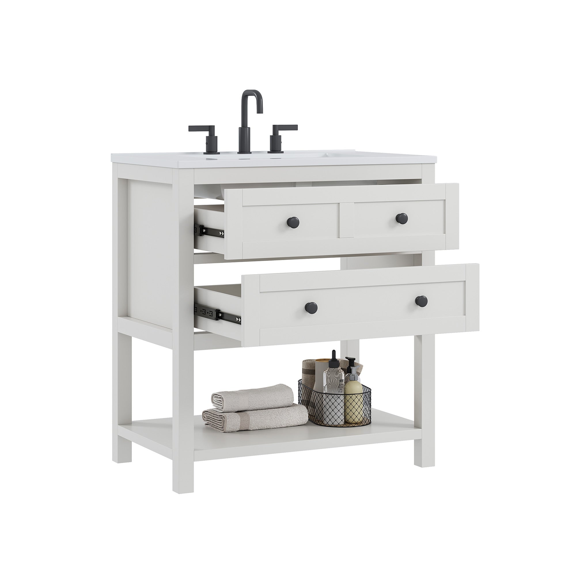 Deluxe Living 30 Inch Bathroom Vanity with Sink,Modern Bathroom Sink Cabinet with Adjustable Feets, Drawers & Open Storage Shelf,White