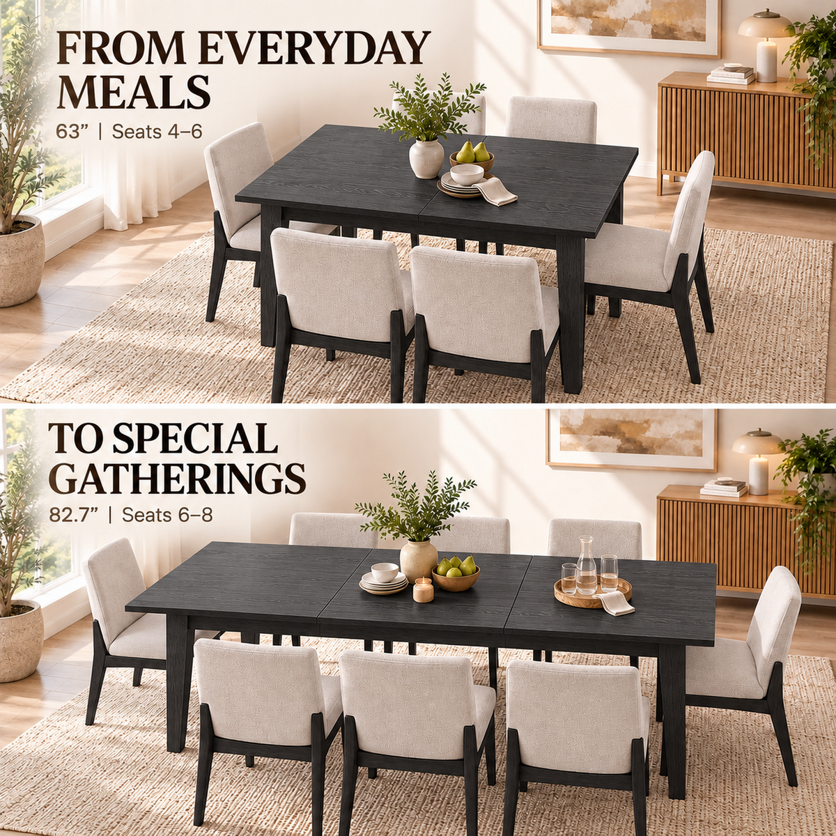 Deluxe Living 63"-83" Extendable Farmhouse Dining Table for 6-8 People, Expandable Kitchen Table with Sturdy Wooden Top & Legs for Dining Room, Black