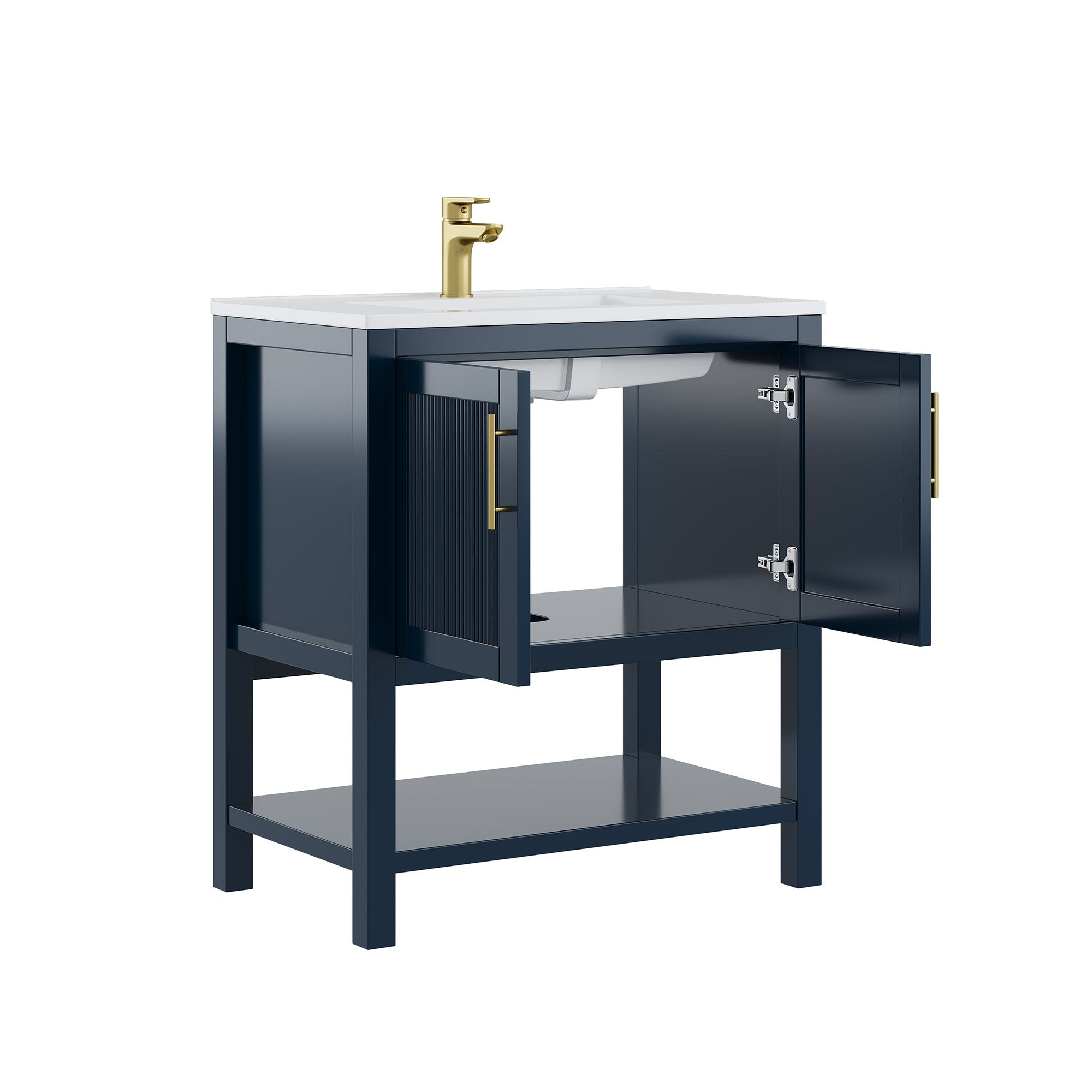 Deluxe Living 30 Inch Bathroom Vanity with Sink, Soft-Closing Doors & Open Storage Shelf, Integral SMC Sink, Adjustable Feet, Navy Blue