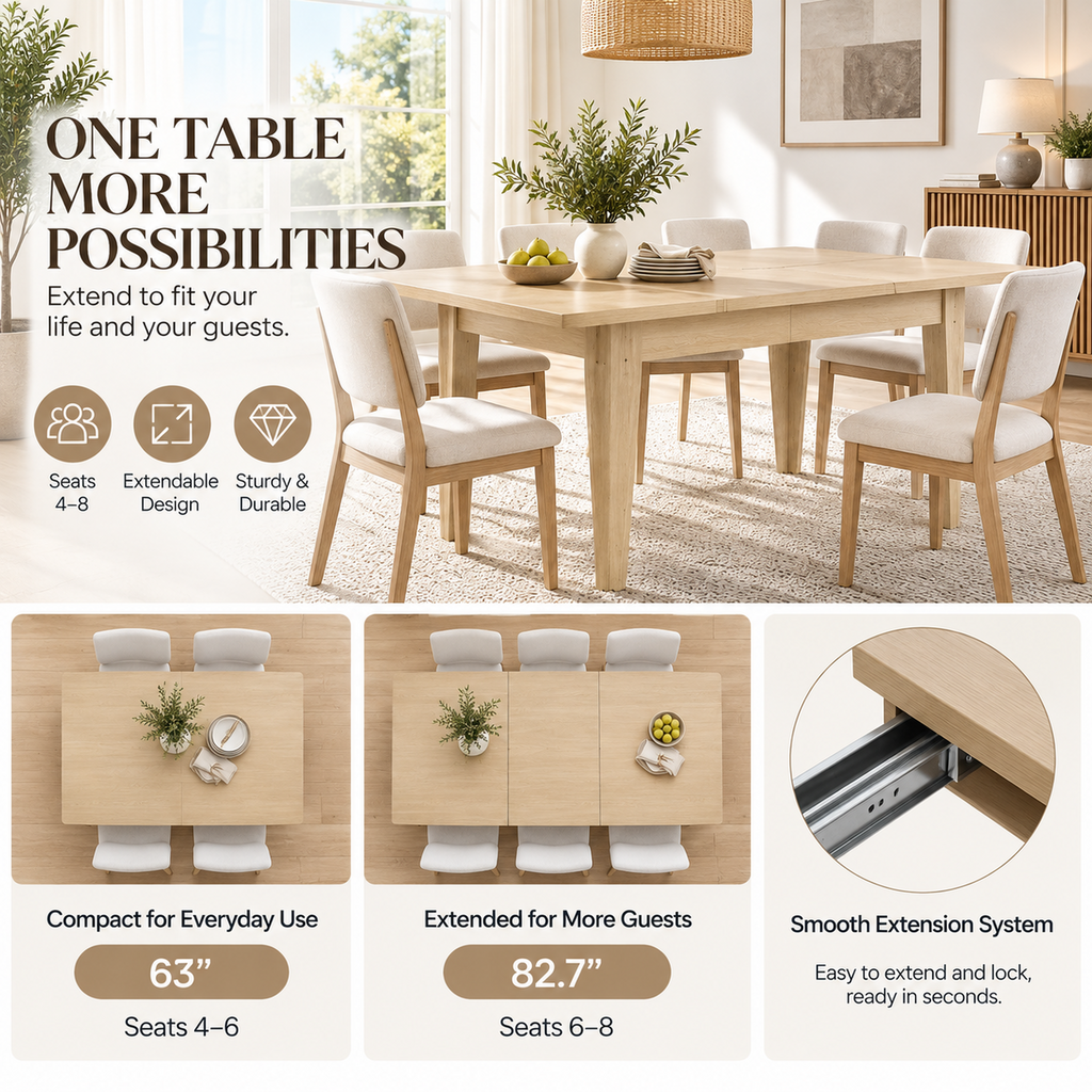 Deluxe Living 63"-83" Extendable Farmhouse Dining Table for 6-8 People, Expandable Kitchen Table with Sturdy Wooden Top & Legs for Dining Room, Oak