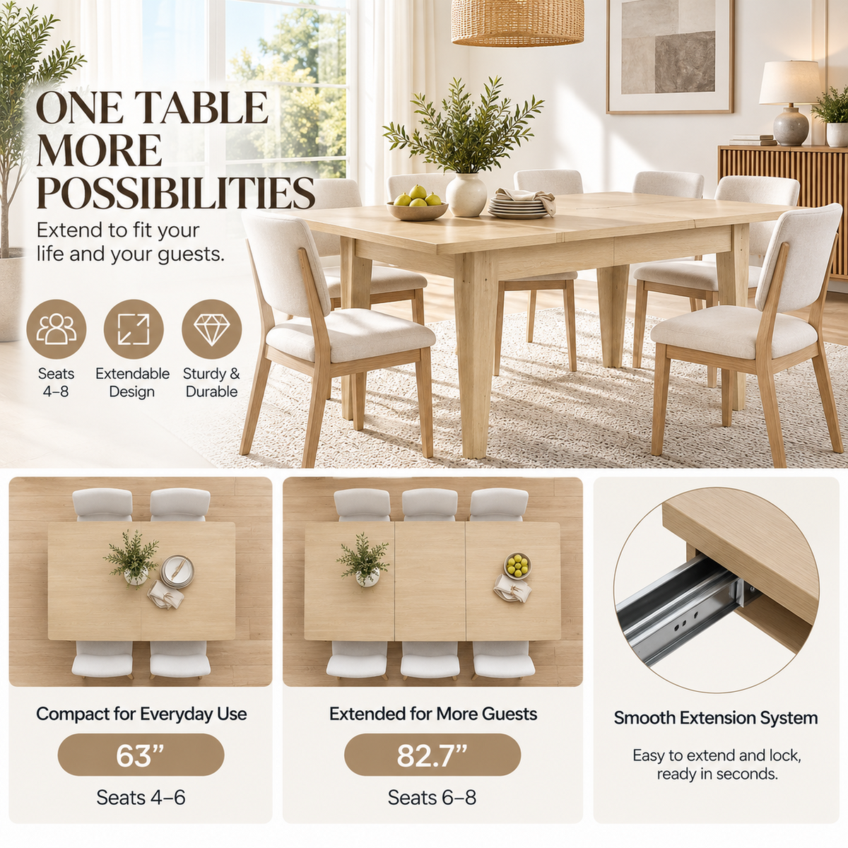 Deluxe Living 63"-83" Extendable Farmhouse Dining Table for 6-8 People, Expandable Kitchen Table with Sturdy Wooden Top & Legs for Dining Room, Oak