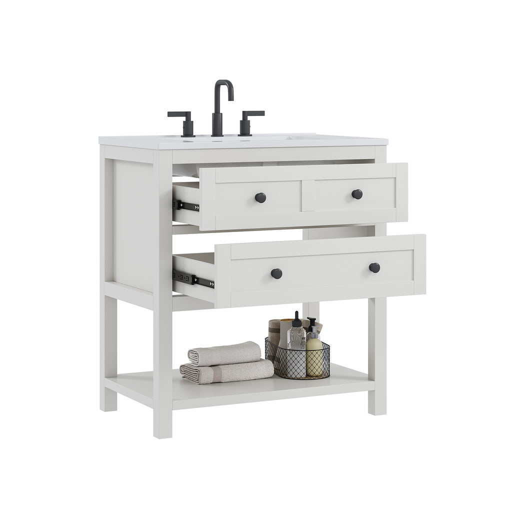 Deluxe Living 30 Inch Bathroom Vanity with Sink,Modern Bathroom Sink Cabinet with Adjustable Feets, Drawers & Open Storage Shelf,White