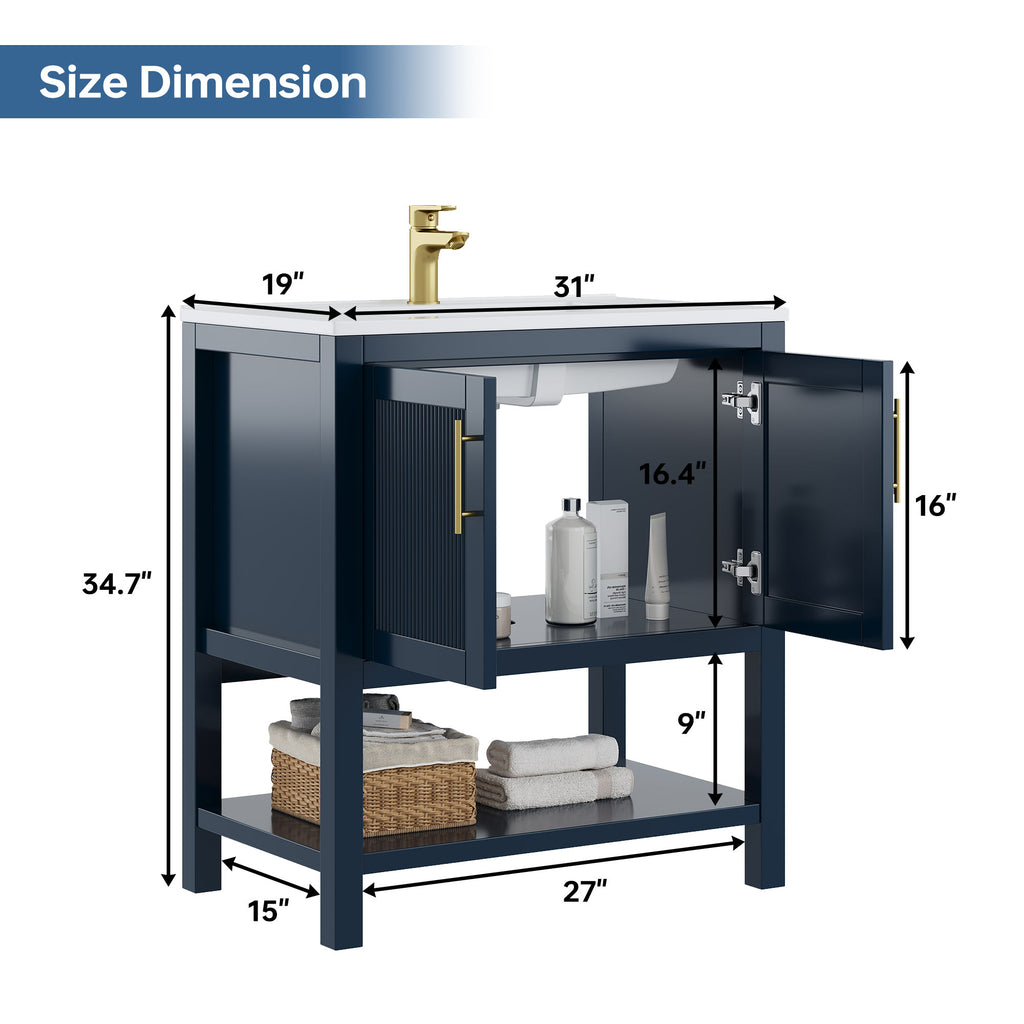 Deluxe Living 30 Inch Bathroom Vanity with Sink, Soft-Closing Doors & Open Storage Shelf, Integral SMC Sink, Adjustable Feet, Navy Blue