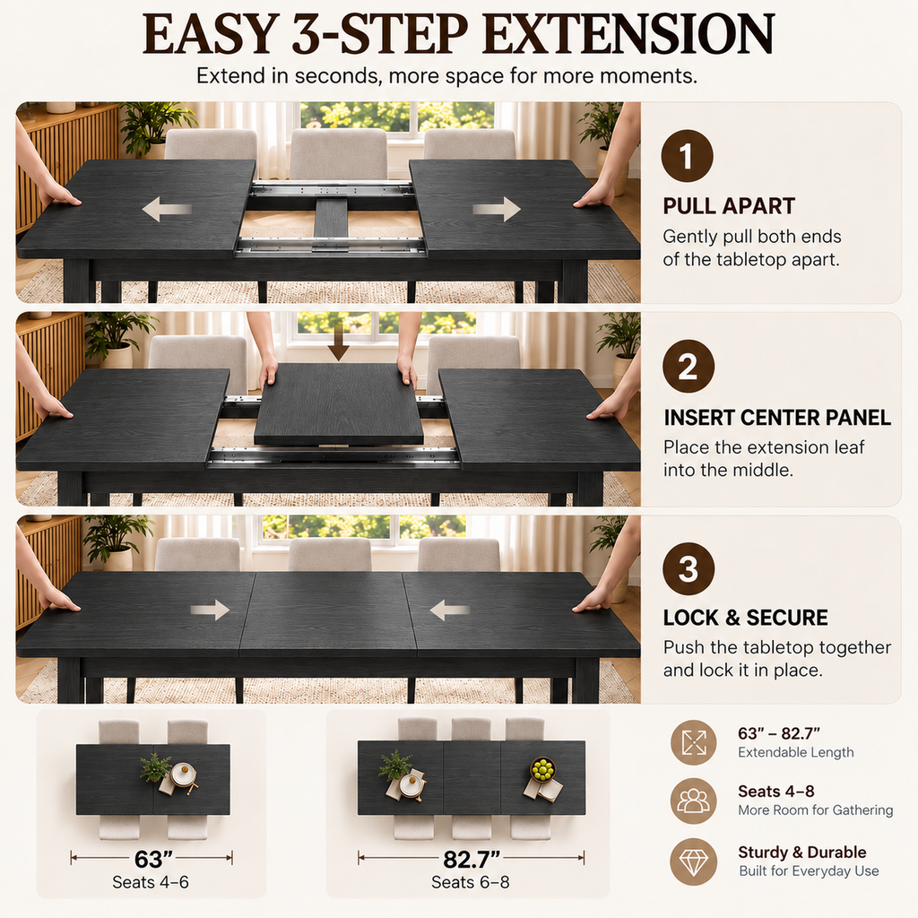 Deluxe Living 63"-83" Extendable Farmhouse Dining Table for 6-8 People, Expandable Kitchen Table with Sturdy Wooden Top & Legs for Dining Room, Black
