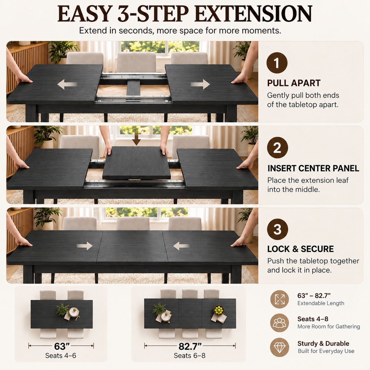 Deluxe Living 63"-83" Extendable Farmhouse Dining Table for 6-8 People, Expandable Kitchen Table with Sturdy Wooden Top & Legs for Dining Room, Black