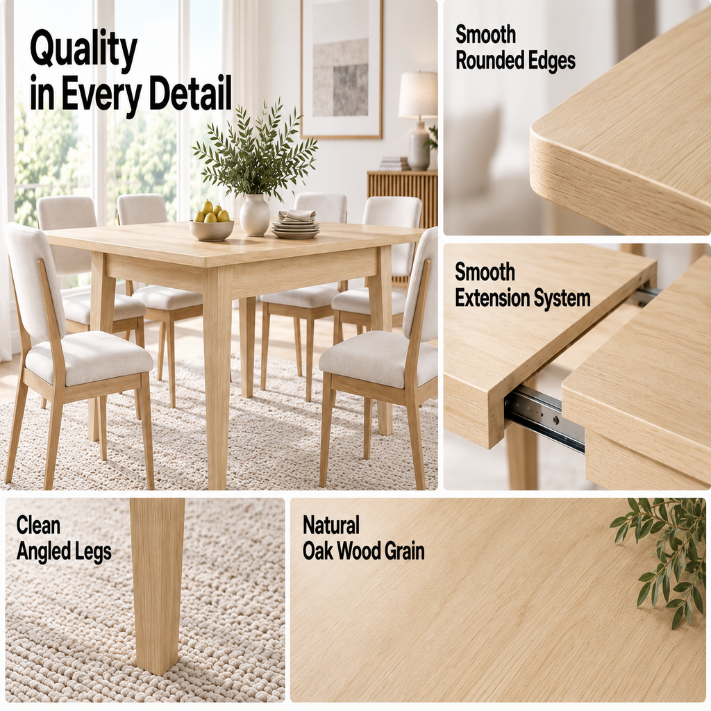 Deluxe Living 63"-83" Extendable Farmhouse Dining Table for 6-8 People, Expandable Kitchen Table with Sturdy Wooden Top & Legs for Dining Room, Oak