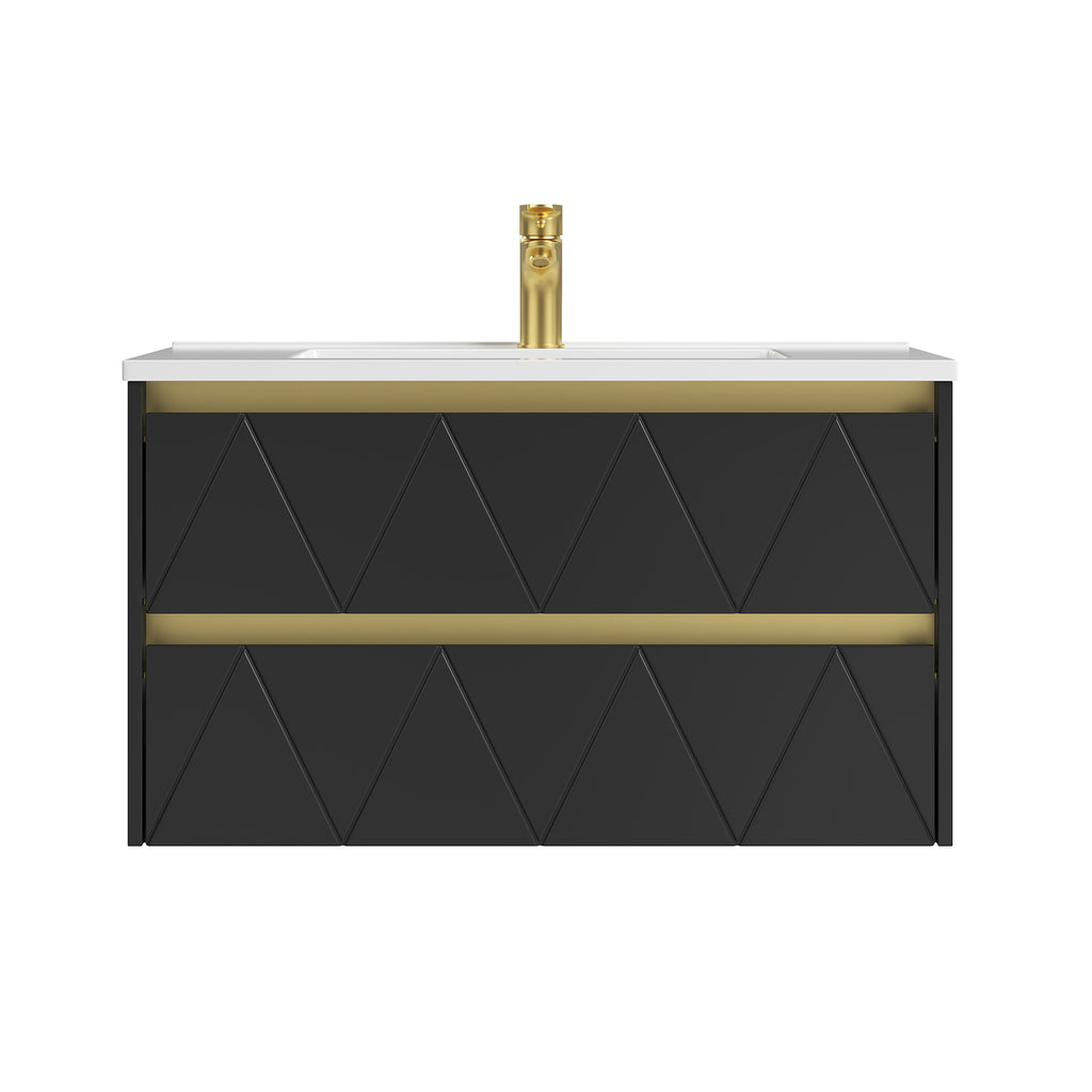 Deluxe Living 30 Inch Floating Bathroom Vanity with Sink, Black | Wall Mounted Vanity, Modern Stripe Design, U-Shaped Drawer, Hidden Handle