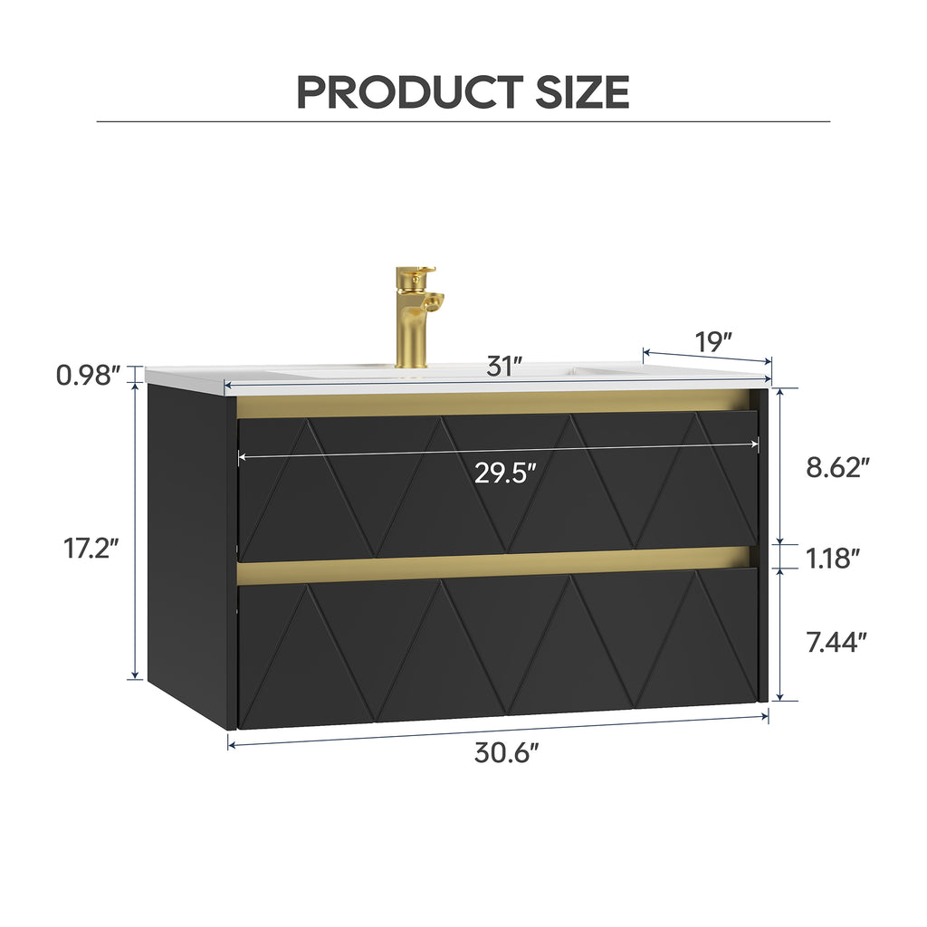 Deluxe Living 30 Inch Floating Bathroom Vanity with Sink, Black | Wall Mounted Vanity, Modern Stripe Design, U-Shaped Drawer, Hidden Handle