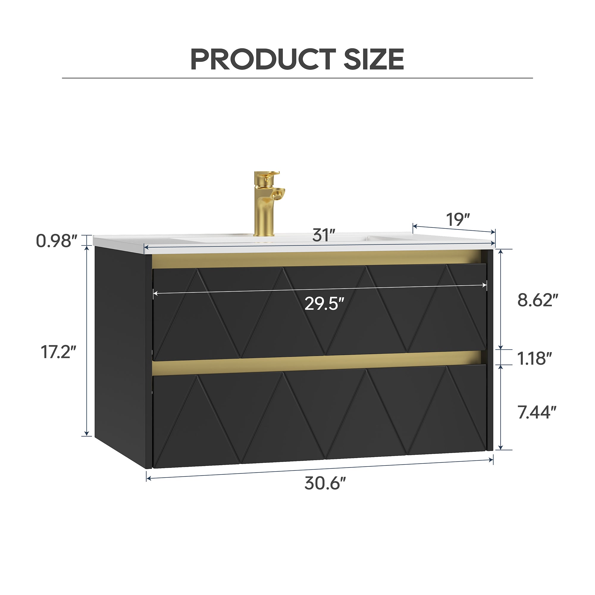 Deluxe Living 30 Inch Floating Bathroom Vanity with Sink, Black | Wall Mounted Vanity, Modern Stripe Design, U-Shaped Drawer, Hidden Handle
