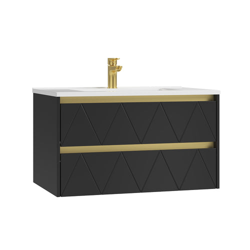 Deluxe Living 30 Inch Floating Bathroom Vanity with Sink, Black | Wall Mounted Vanity, Modern Stripe Design, U-Shaped Drawer, Hidden Handle