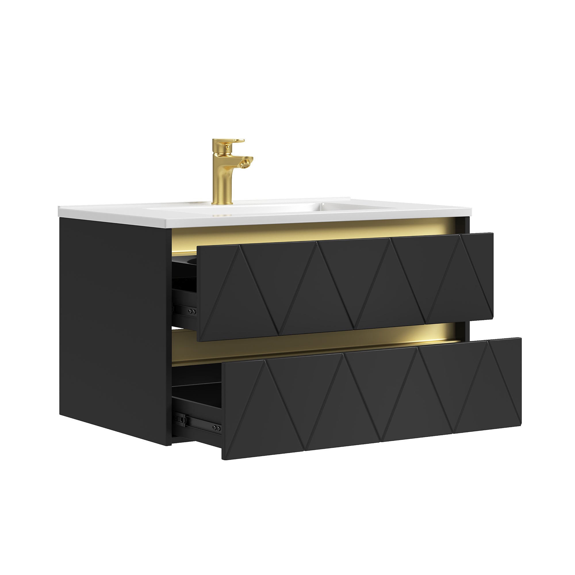 Deluxe Living 30 Inch Floating Bathroom Vanity with Sink, Black | Wall Mounted Vanity, Modern Stripe Design, U-Shaped Drawer, Hidden Handle