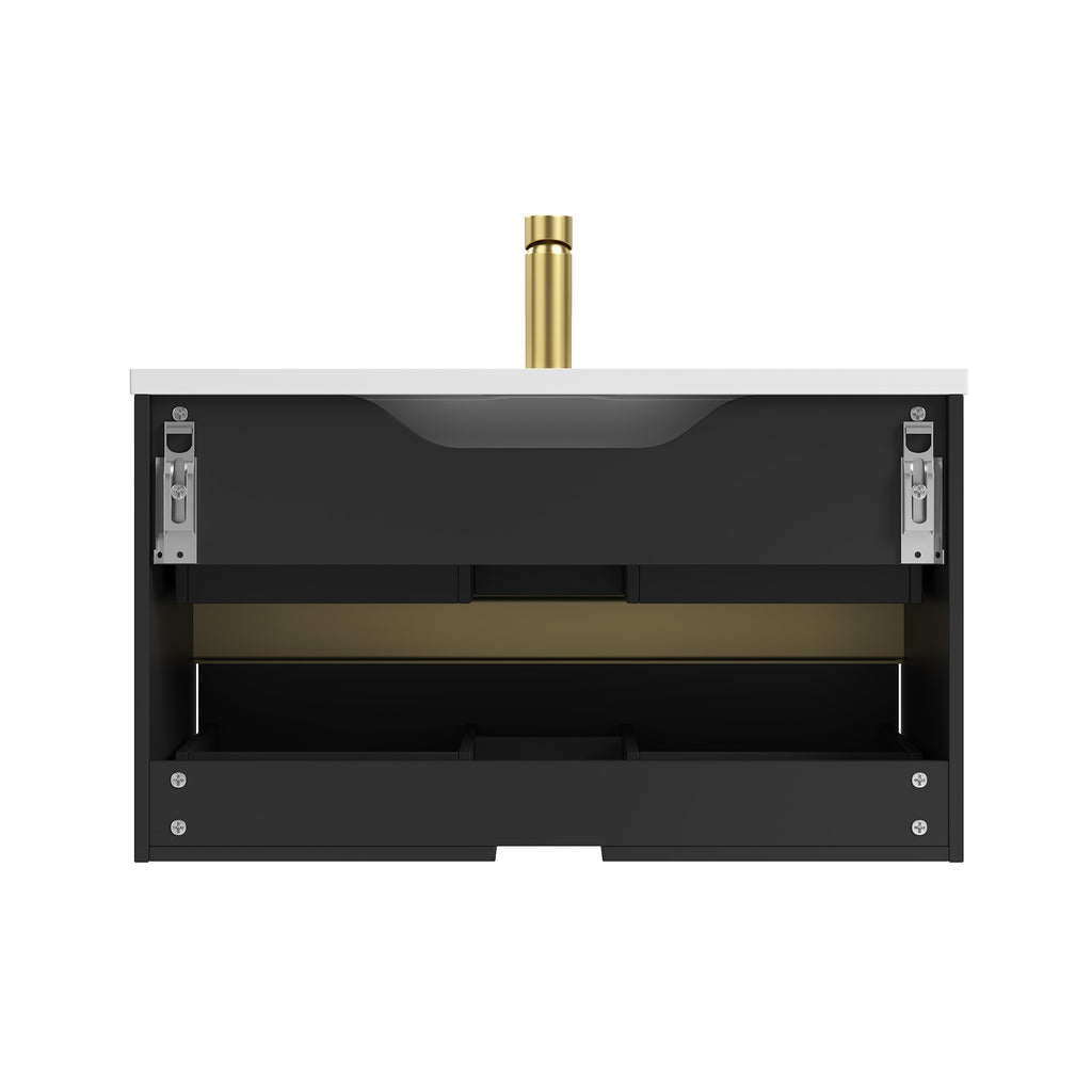 Deluxe Living 30 Inch Floating Bathroom Vanity with Sink, Black | Wall Mounted Vanity, Modern Stripe Design, U-Shaped Drawer, Hidden Handle