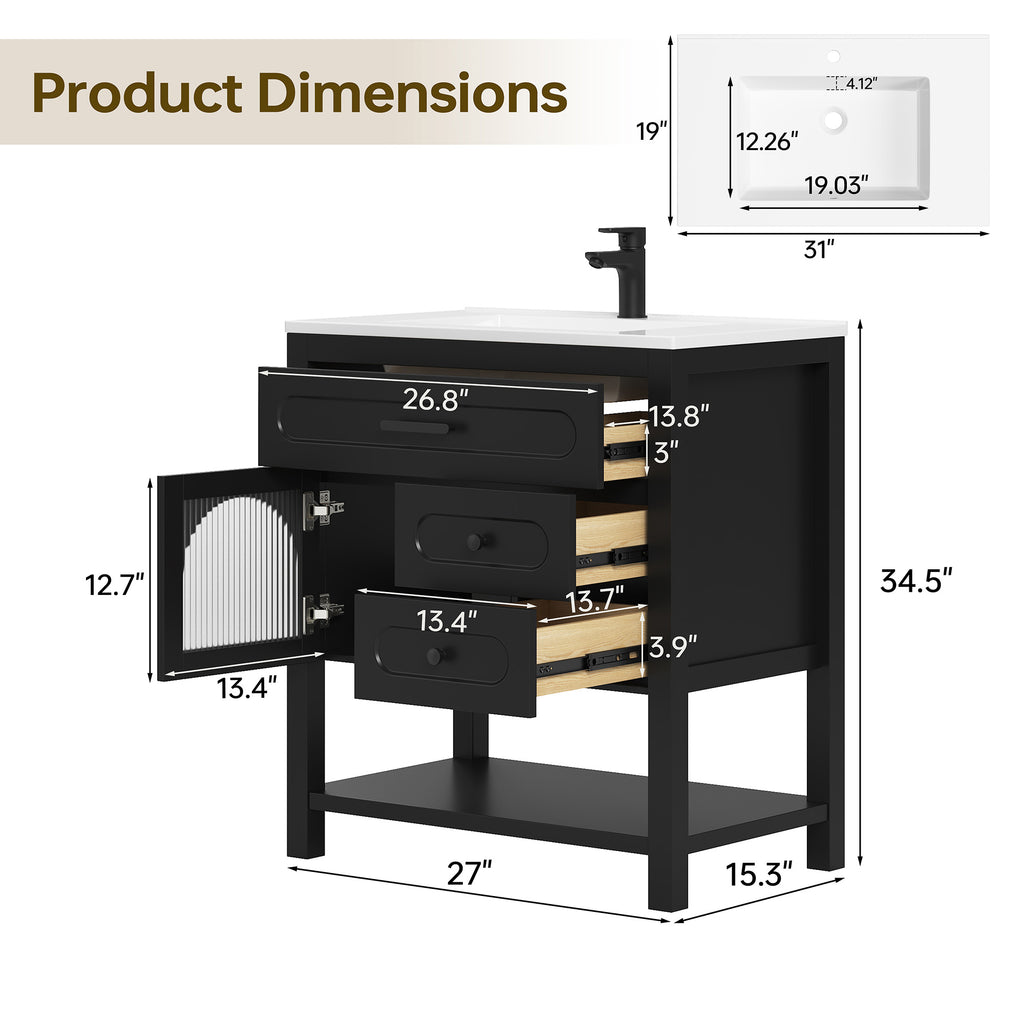 Deluxe Living 30 Inch Black Bathroom Vanity with Sink,Soft-Closing Glass Door & Soft-Closing Drawers, SMC Sink, Adjustable Feet, Black
